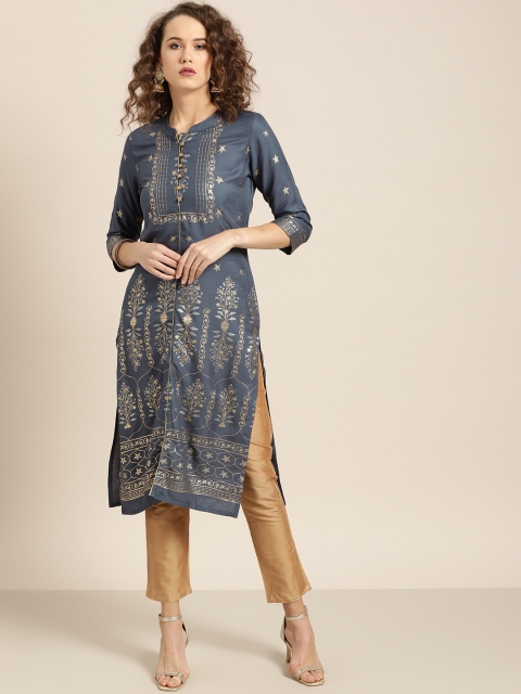 

Moda Rapido Women Charcoal Grey & Golden Printed Straight Kurta