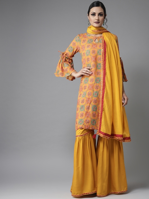 

Moda Rapido Women Mustard Yellow & Blue Printed Kurta with Palazzos & Dupatta