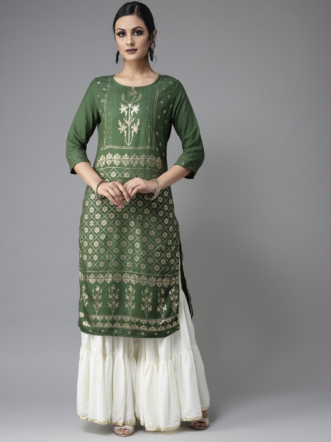

Moda Rapido Women Green & Golden Printed Straight Kurta