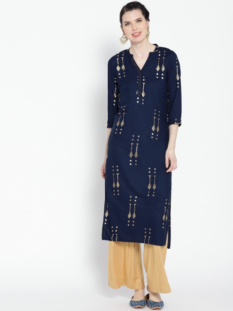 

HERE&NOW Women Navy Blue & Golden Printed Straight Kurta