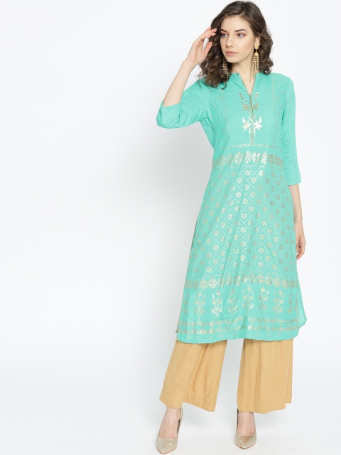 

Moda Rapido Women Green & Golden Printed Straight Kurta