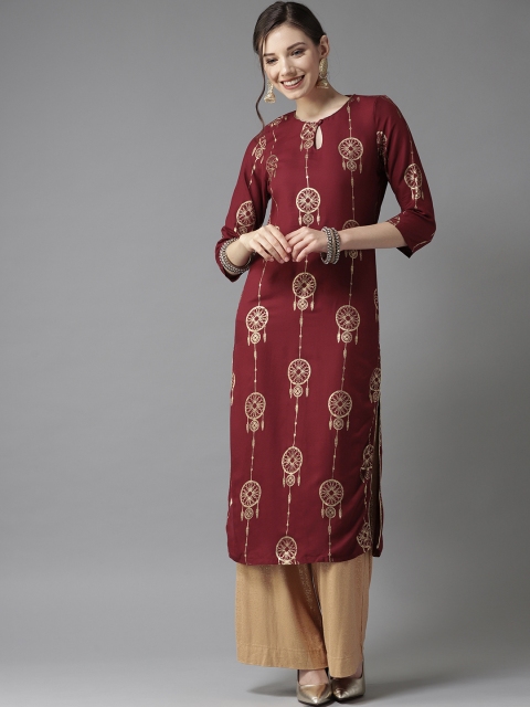 

HERE&NOW Women Maroon & Golden Printed Straight Kurta