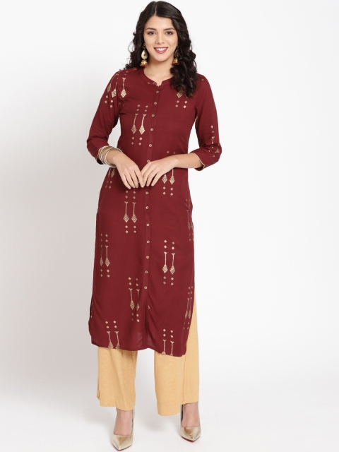 

HERE&NOW Women Maroon & Golden Printed Straight Kurta