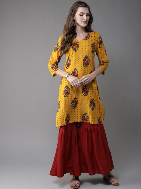 

Moda Rapido Women Mustard Yellow & Maroon Printed Kurta with Sharara
