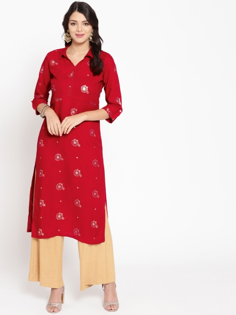 

HERE&NOW Women Red & Golden Quirky Print Straight Kurta