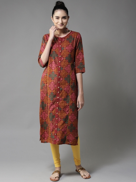 

Moda Rapido Women Maroon & Mustard Yellow Printed Straight Kurta