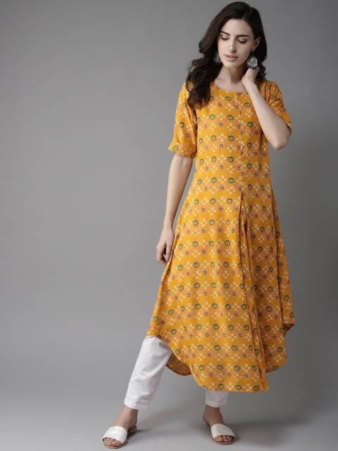 

Moda Rapido Women Mustard Yellow & Green Printed A-Line Kurta