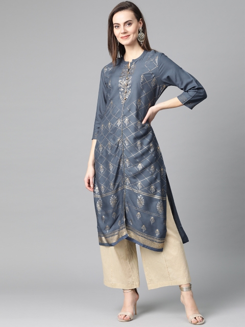 

Moda Rapido Women Charcoal Grey & Golden Checked Straight Kurta