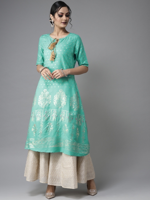 

Moda Rapido Women Turquoise Blue & Golden Printed A-Line Kurta