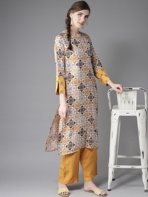 

Moda Rapido Women White & Brown Printed Straight Kurta