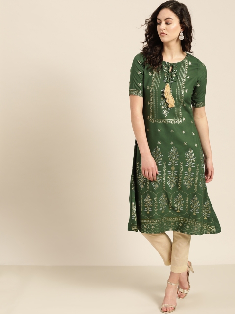 

Moda Rapido Women Green & Golden Printed A-Line Kurta
