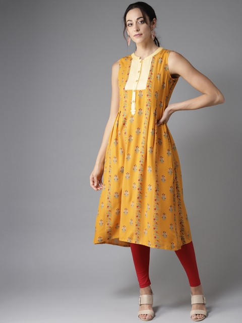 

Moda Rapido Women Mustard Yellow & Green Printed A-Line Kurta
