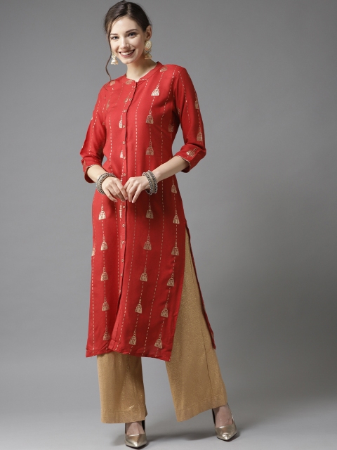 

HERE&NOW Women Rust Red & Golden Printed Straight Kurta