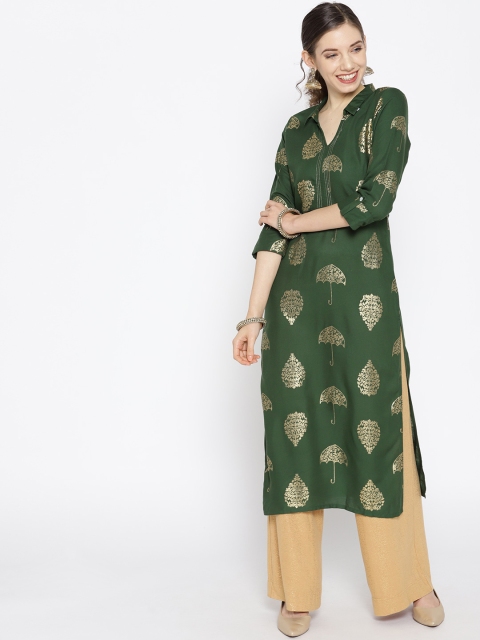 

HERE&NOW Women Green & Golden Printed Straight Kurta