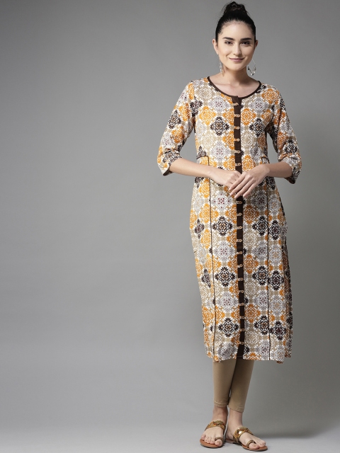 

Moda Rapido Women White & Mustard Printed Straight Kurta