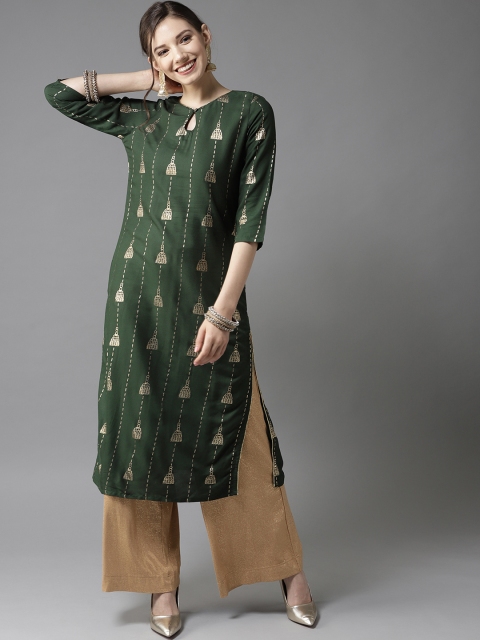 

HERE&NOW Women Green & Golden Printed Straight Kurta