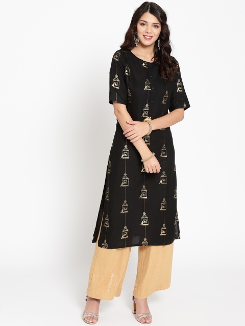 

HERE&NOW Women Black & Golden Quirky Print Straight Kurta