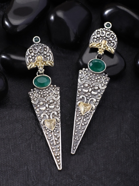 

Peora Silver-Toned & Green Geometric Hoop Earrings