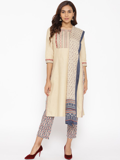 biba-women-beige-navy-blue-yoke-design-kurta-with-trousers-dupatta