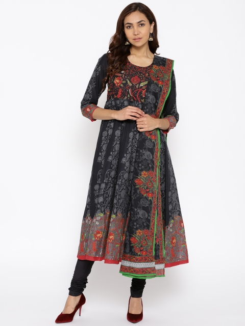 

Biba Women Charcoal Grey Printed Kurta with Churidar & Dupatta