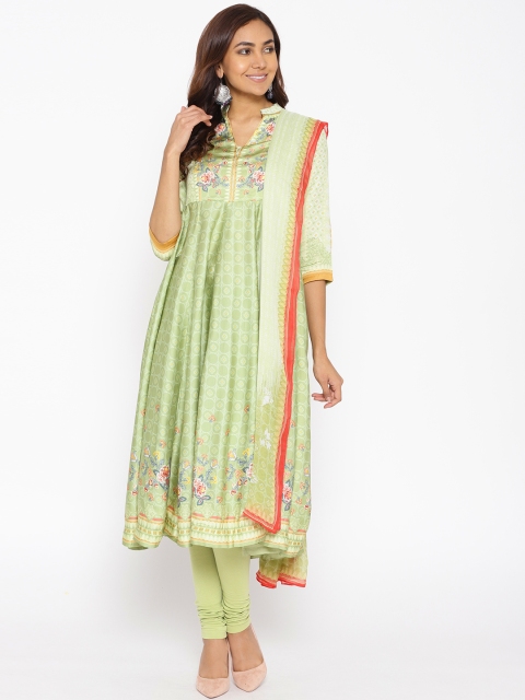 

Biba Women Green & Off-White Printed Anarkali Kurta with Churidar Leggings & Dupatta