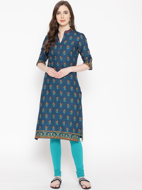 

Biba Women Teal Blue & Orange Floral Printed Straight Kurta