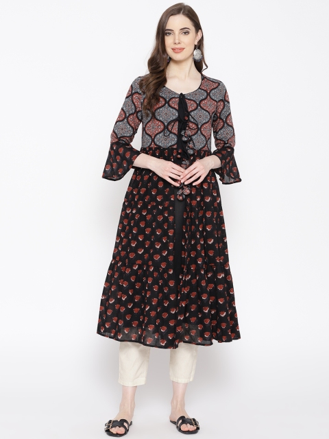 

Biba Women Black & Rust Red Solid Straight Layered Kurta
