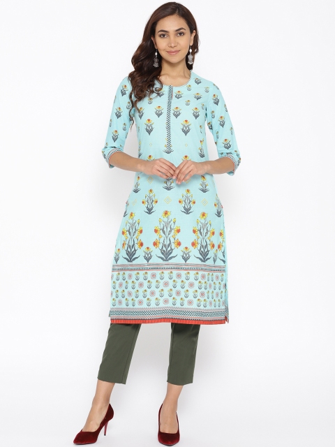 

Biba Women Turquoise Blue & Charcoal Grey Block Print Straight Kurta