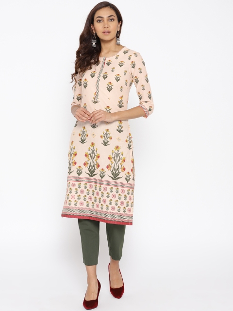 

Biba Women Peach-Coloured & Green Block Print Straight Kurta