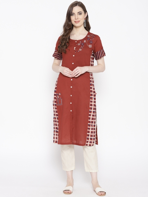 

Biba Women Rust Red Embroidered Detail Straight Kurta