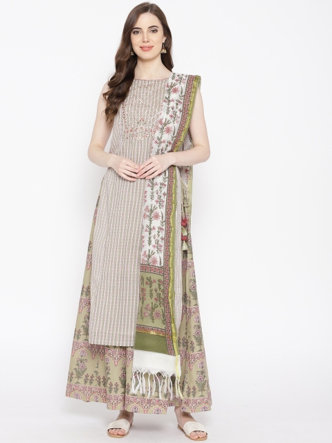 

Biba Women Off-White & Olive Green Printed Kurta with Palazzos & Dupatta