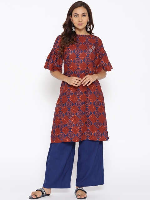 biba-women-rust-brown-navy-blue-printed-straight-kurta