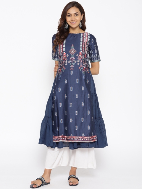 Women Navy Blue & White Solid Tiering Layered A-Line Kurta