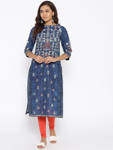 

Biba Women Blue & Off-White Printed Straight Kurta