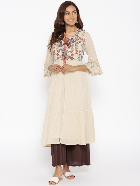 

Biba Women Off-White & Rust Solid A-Line Kurta with Printed Layer