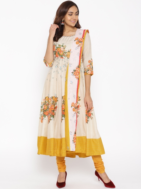 

Biba Women Beige & Mustard Yellow Printed Anarkali Kurta with Churidar and Dupatta