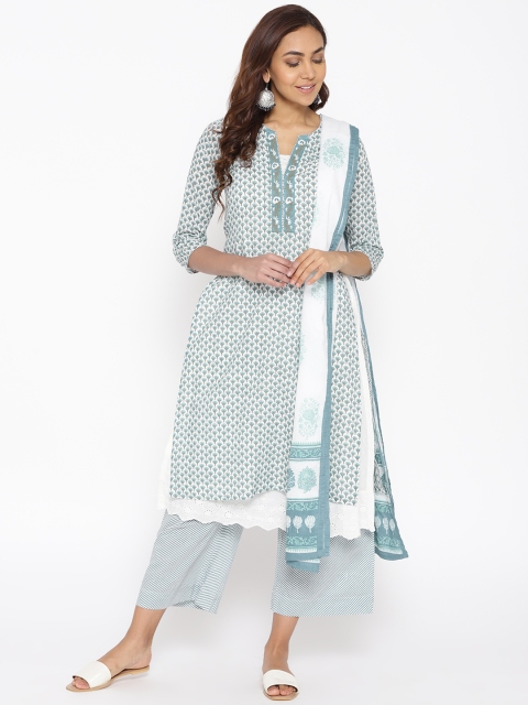 

Biba Women Off-White & Blue Block Print Kurta with Palazzos & Dupatta