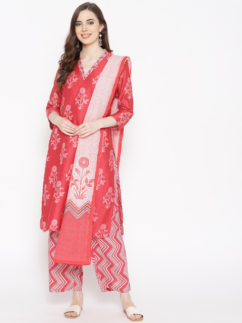 

Biba Women Coral Red & Off-White Printed Kurta with Palazzos & Dupatta