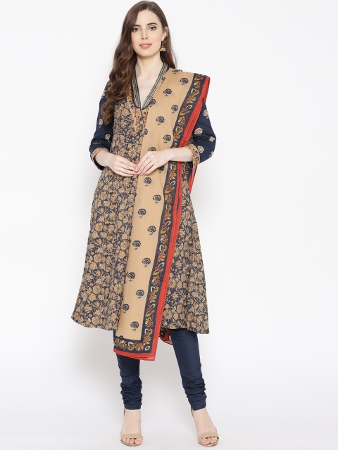

Biba Women Beige & Navy Blue Printed Kurta with Churidar & Dupatta