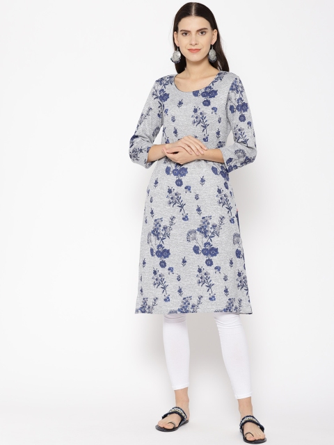 

Biba Women Grey & Blue Floral Printed Straight Kurta