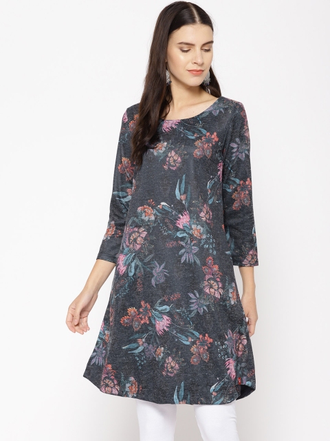 

Biba Women Charcoal Grey & Pink Floral Print A-Line Kurta