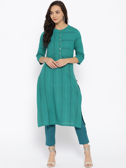 

Biba Women Green Striped Straight Kurta