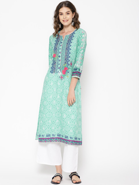 

Biba Women Sea Green & Navy Blue Printed Straight Kurta