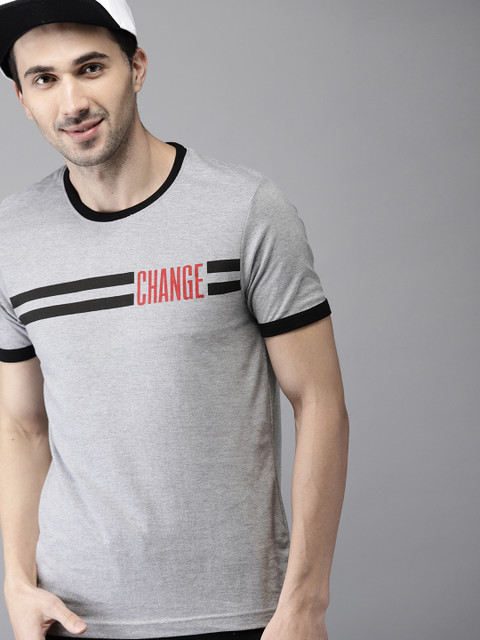 

HERE&NOW Men Grey Melange Printed Round Neck T-shirt
