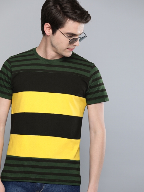 

HERE&NOW Men Green & Yellow Striped Round Neck T-shirt