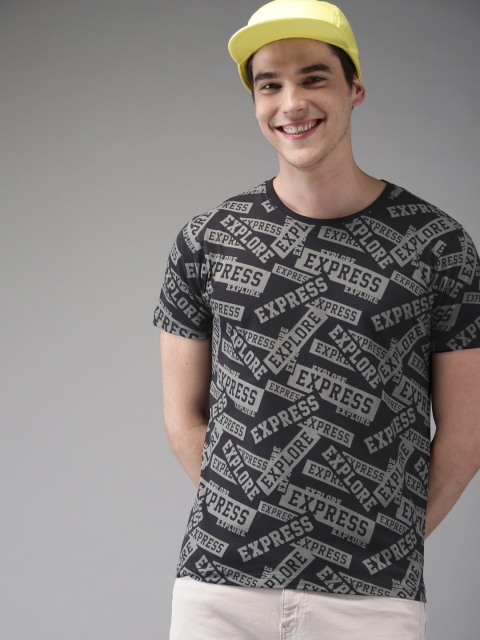 

HERENOW Men Black Grey Printed Round Neck Pure Cotton T-shirt
