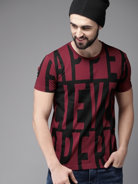 

HERE&NOW Men Maroon Printed Round Neck T-shirt