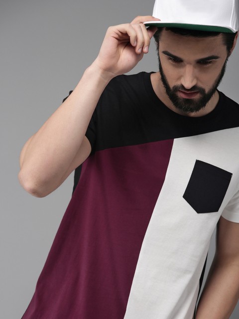 

HERE&NOW Men Burgundy & White Colourblocked Round Neck T-shirt