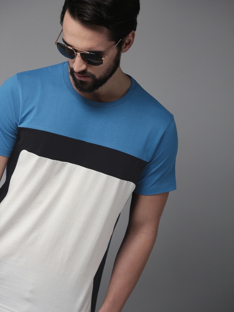 

HERE&NOW Men Blue & White Colourblocked Round Neck T-shirt