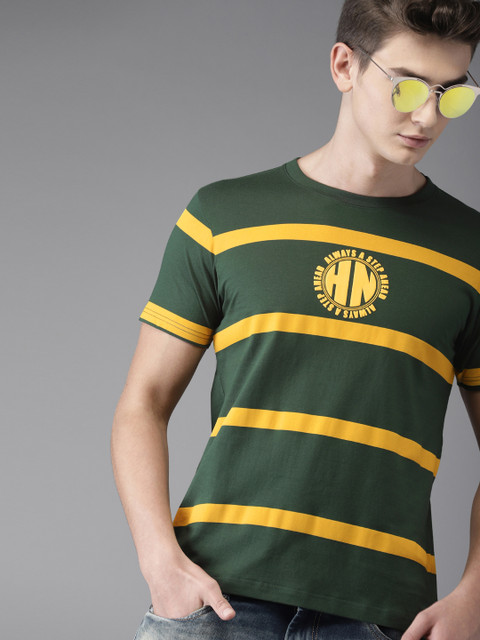 

HERENOW Men Olive Green Yellow Printed Round Neck Pure Cotton T-shirt